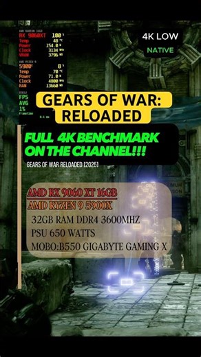 Gears of War Reloaded PC 4K Native Benchmark – RX 9060 XT 16GB #pcgaming