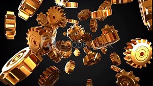 Gold gears on black background. 3DCG abstract animation for background.