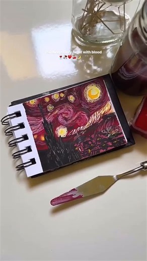 Zara☾ on Instagram: "A bloody twist on Van Gogh’s Starry Night ! I’ve taken the iconic painting to a whole new level by using blood red gouache, giving it a hauntingly realistic vibe. But that’s not all - I’ve also experimented with other bold colors like green, purple, and pink to create a series of unique pieces that’ll leave you starstruck! From the eerie glow of the blood red sky to the swirling clouds and stars, every brushstroke is a testament to my creativity and passion for art.ue Whethe
