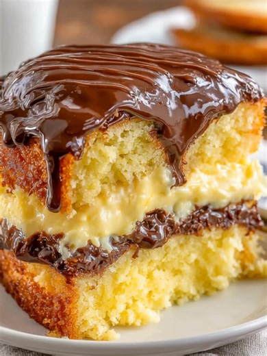 15K views · 190 reactions | Classic Boston Cream Pie Cake A timeless dessert with fluffy vanilla sponge, silky pastry cream, and glossy chocolate ganache that melts on top. Yield: 10 slices | Temp: 350°F (175°C) | Time: 1 hr 10 min Key Ingredients First 1 ½ cups all-purpose flour 1 cup granulated sugar ½ cup butter, softened 3 large eggs ....................... FULLL Recipe in First Cօʍʍеոτ  | Cake Shake | Facebook