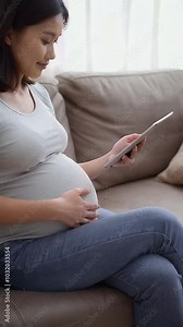 Expecting mother relaxing on the couch while checking her tablet at home