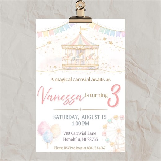 Pastel Carousel Party Invite, Carnival Birthday Invitation Template, Editable Canva Download, Girl Birthday, Circus Theme Digital Invite - Etsy