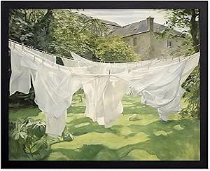 Poster Master Laundry On The Line Poster - Retro White Laundry Print - Watercolor Art - Impressionism Art - Laundry Art - Modern Art - Great Laundry Room or Office Wall Decor - 11x14 Black Framed