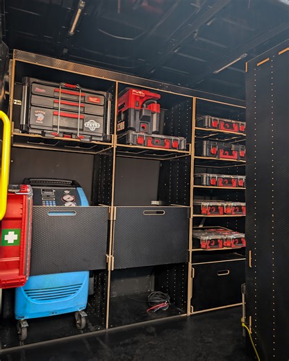YOKEVANS on Instagram: "Milwaukee everywhere in this setup! 🟥⬛️ We've turned this van into a real workhorse, featuring our biggest adjustable retainer module yet. #vanracking #vans #racking #tradesman #yokevans #electrician #plumber - A0200"