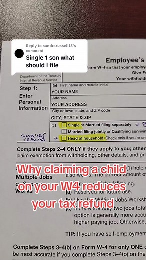 Replying to @sandrarussell15 Why claiming a child or dependent on your W4 reduces your Tax Refund. #w4explained #taxtok #taxhelp #taxtipsandtricks #w4help #w4 #taxrefund #taxrefundtips #fyp #refundtips #taxtips101 #w4form