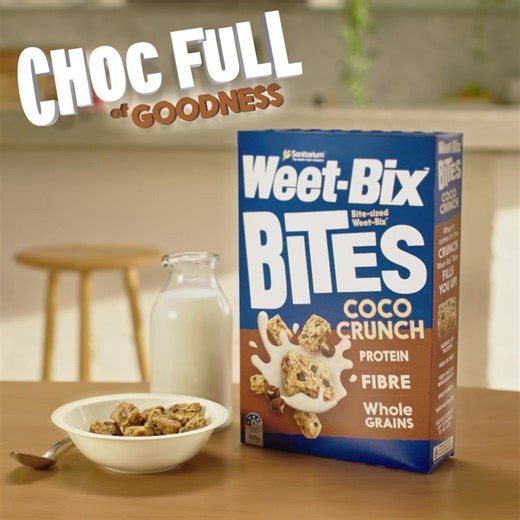 A tasty breakfast or snack on the go - Weet-Bix Bites Coco Crunch are very high in wholegrains, a good source of fibre and contain protein. With tasty choc pieces and toasted for the perfect crunch! | Weet-Bix