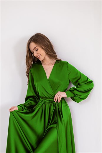Green Evening Gown V-neck Bridesmaid Dress Long Sleeve Flowing Midi Satin Gown Wedding Guest Formal Dress Open Back Dress With Sleeves - Etsy