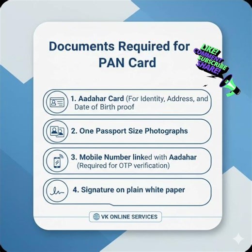 Documents Required for PAN Card Application - VK Online Services
