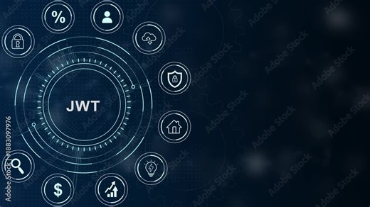 JWT acronym in center of hexagonal diagram with business icons and dot Keywords: JWT, acronym, business, technology, diagram, hexagonal, icons, abstract circles and gears backgrounds 4K LOOP.