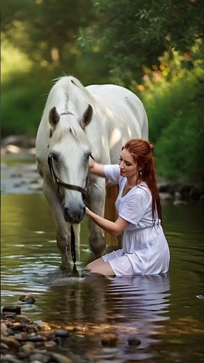 A woman bathing a horse is still happy #06