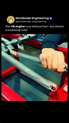 WORLDWIDE ENGINEERING 🌍 on Instagram: "Stored energy instead of combustion. This clip shows a V8 spring engine running without any fuel, powered by a clever mechanical twist. When the flywheel connected to the crankshaft is given an initial push, it begins to rotate. As the shaft turns, the crankshaft’s eccentric geometry converts that rotation into linear motion, compressing and releasing springs in a continuous cycle of elastic loading and unloading. The result looks like a conventiona