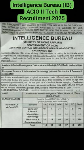 956K views · 2.3K reactions | Intelligence Bureau (IB) ACIO II Tech Recruitment 2025 #intelligence | Government Jobs | Facebook