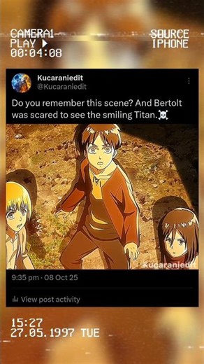 Do you remember this scene? And Bertolt was scared to see the smiling Titan.☠️ #edit #eren #aot