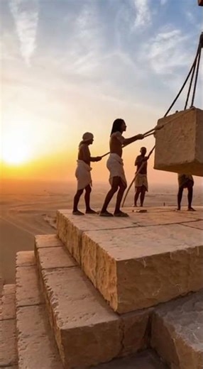 Ancient Egyptian workers building pyramids in fast-motion, then transitioning to modern-day tourists