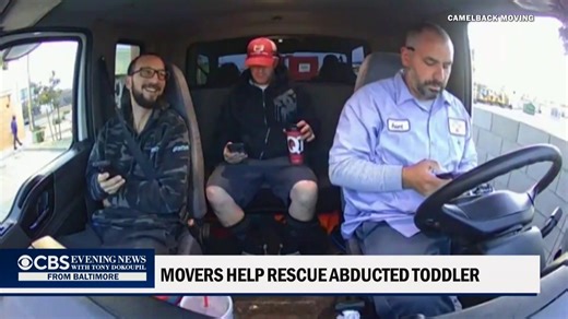 A quick-thinking group of movers helped rescue a 3-year-old in Arizona after seeing her being led by a woman matching the Amber Alert description. The movers blocked the suspected kidnapper with their vehicle while waiting for police to arrive. | CBS Evening News