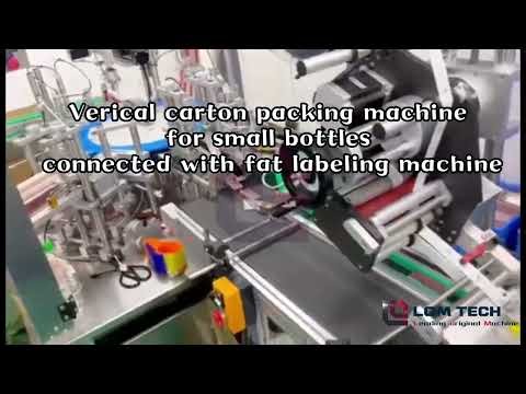 Verical carton packing machine for small bottles connected with fat labeling machine