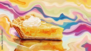 A slice of lemon pie with a golden crust and a dollop of whipped cream sits on a vibrant, colorful, swirled background. The pie's texture and topping contrast with the abstract patterns.