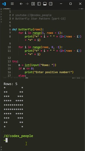 Butterfly Star Pattern [part-15] #pythonpattern #virals #python #foryoupagereels #CodexPeople | Codex People