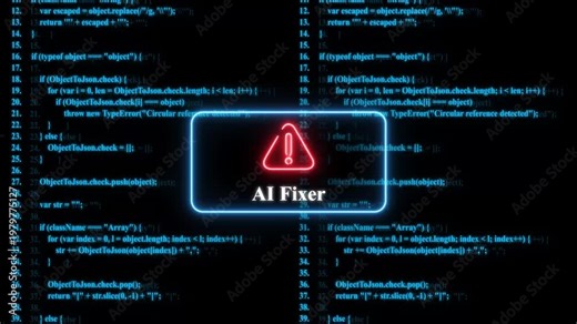 Ai fixer warning sign over digital programming code background, software debugging and, cyber security concept