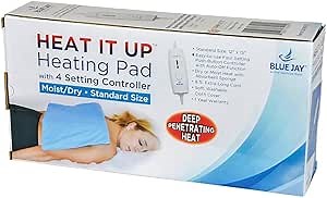 Blue Jay Heating Pad for Back Pain and Cramps Relief | Heat Pad with Moist & Dry Heat Therapy Options | Auto Shut Off - 4 Setting Control | Pain Relievers - 12x15