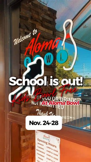 School's OUT! Looking for something to keep the fam busy next week? Kids Bowl FREE this Thanksgiving break from November 24 to 28 (closed on Thanksgiving 旅). Kids 15 and younger can enjoy two games daily from open to 5 p.m. Don't miss out on the fun!  Redeem here: https://www.kidsbowlfree.com/center.php?alley_id=715 | Aloma Bowling Center | Facebook