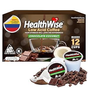 Healthwise Low Acid Coffee K-Cups - Soothe Acid Reflux & Heartburn, Gentle on Sensitive Stomachs, Eases Digestive Discomfort - Chocolate Coconut Flavor - 12 Count (Pack of 1)