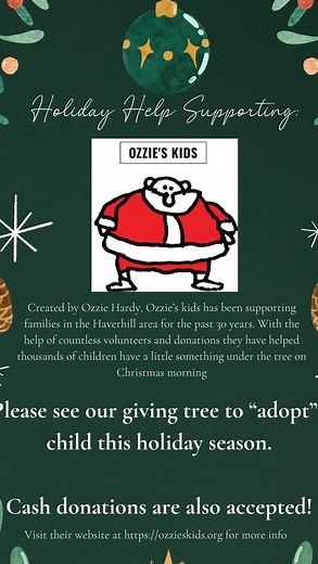 This one was a bit tough for me to get through talking about, SO many are in need of assistance this year and we want to help keep this season magical for all. 🥹💜 Giving back to our community is a core value here at The Artist’s Loft: This month we will be supporting Ozzie’s Kids with our giving tree! Created by Ozzie Hardy, Ozzie’s kids has been supporting families in the Haverhill area for the past 30 years. With the help of countless volunteers and donations they have helped thousands of ch