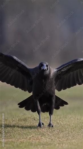 Raven Lands Dramatic Black Bird in Flight Across Field.