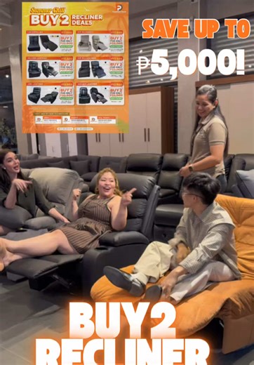 SUMMER CHILL BUY 2 RECLINER DEALS! ☀️💺 Stay cool and comfy this summer with our BUY 2 Recliner Deals — perfect for relaxing, movie nights, and family bonding! Double the comfort, double the savings! Save up to ₱5,000 when you buy 2. ✨ ✔️ Fabric & Leather Options ✔️ With Cup Holder / Swivel-Rocking ✔️ Perfect for your summer chill setup at home ⸻ CATERPILLAR RECLINER • Swivel-Rocking Recliner Chair • ₱11,500 each 👉 BUY 2 FOR ₱22,000 ONLY 💰 Save ₱1,000 VIP RX FABRIC • Fabric Recliner (Gray only
