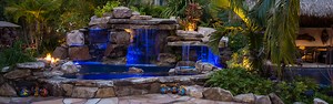 Custom Rock Waterfall Pool Grotto, Spa, Natural Stream, Tiki Hut