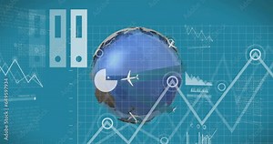 Animation of statistical data processing and airplane icons over spinning globe on blue background