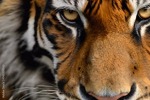 tiger's face, focusing on its intense eyes and detailed fur texture, capturing the essence of its wild beauty.