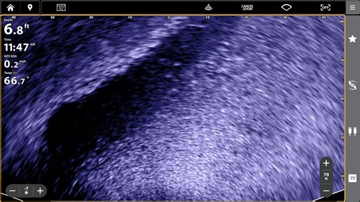 This is one of the most remarkable Humminbird MEGA Live 2 clips in landscape mode that I've ever recorded. The setup is this: most of what you're looking at is a shallow flat, 6-8 ft deep, that dumps into an old river channel in a small reservoir. That channel is 11-12 feet deep and is on the left/upper left of the view. The sharp break from shallow flat to river channel is the shaded area just to the left of center. Now, check out all the fish using this breakline and the adjacent shallow flat.