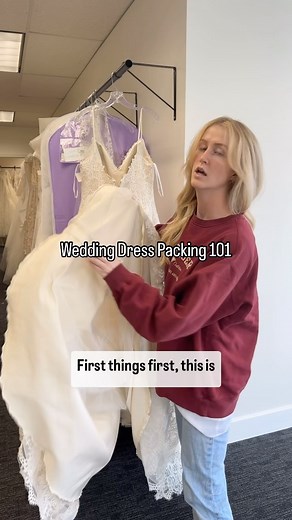 Packing up a large, strappy ballgown! If the dress is HUGE, you may have to lay the bag down before zipping 🤫 #bridetips | Heming & Fitz