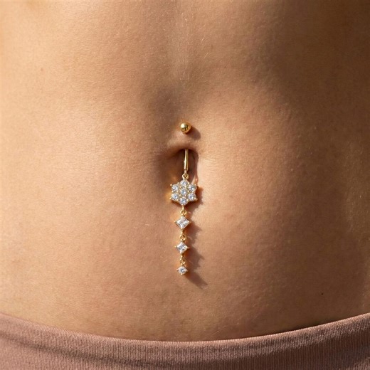14K Gold Flower Dangle Belly Button Ring With CZ Stones - Etsy