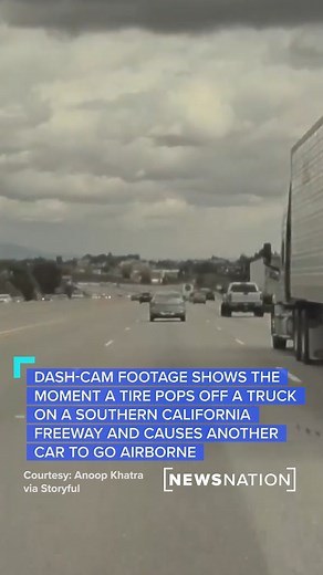 49K views · 337 reactions | Car goes airborne: Dash-cam footage shows the moment a tire pops off a truck and causes another car to flip on a freeway. #LosAngeles | NewsNation | Facebook