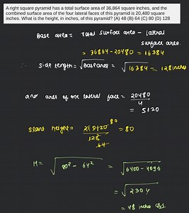 A right square pyramid has a total surface area of 36,864 squar... | Filo