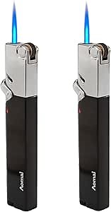 2/Pack Metal Lighters,Ultra-Thin Butane Torch Lighter,Lockable Single Jet Flame (No Gas) (Black)