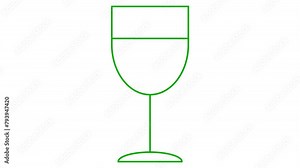 Animated green line glass of wine is drawn. Linear symbol of drink. Concept of wine, beverage, bar, restaurant, winery, alcohol. Looped video. Vector illustration isolated on white background.
