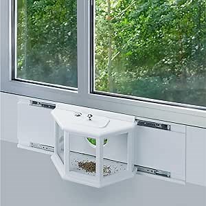 Navaris Window Bird Feeder - 180 Degree Clear View Bird Feeders Window for Viewing - Adjustable Large Window Bird House - Perfect for Indoor Cats Enrichment - Window Sill Feeder