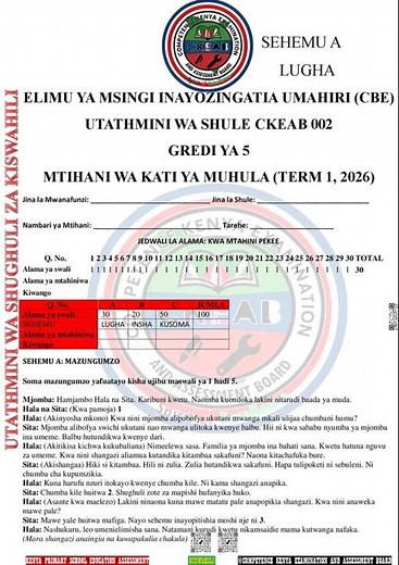 Grade 5 Kiswahili Mid Term 1 2026 Exam