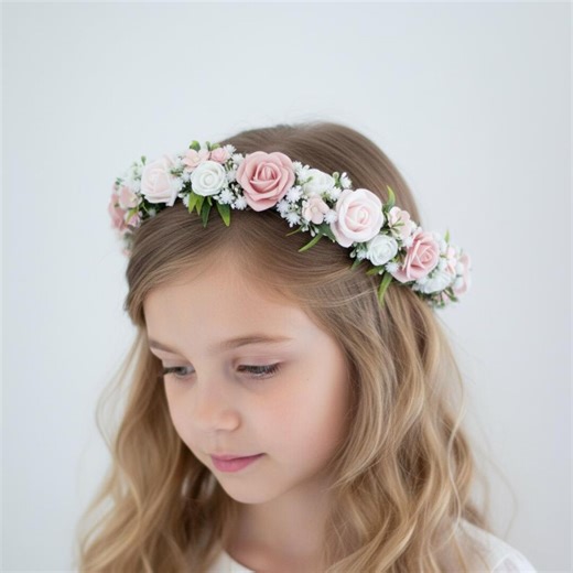 First Holy Communion Flower Crown: White & Blush Rose Hair Wreath, Adjustable Size - Etsy