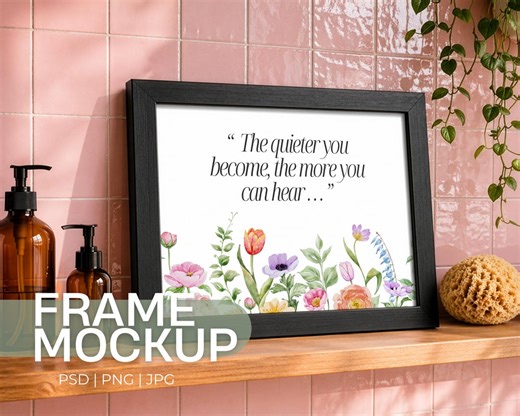 Pink Bathroom Frame Mockup, Wall Art Mockup, Spa Mockup, Horizontal Frame Mockup, Home Decor Display, Black Frame Mockup (PSD, PNG, JPG)