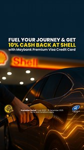 Navigate your world with the Maybank Premium Visa Credit Card and make every trip more rewarding. Get an exclusive 10% Cash Back when you spend a cumulative of RM300 or more per month on fuel at any Shell station in Malaysia. A privilege for the road, reserved just for you. Terms and Conditions apply. 📅 1 July 2025 – 31 December 2025 | Maybank