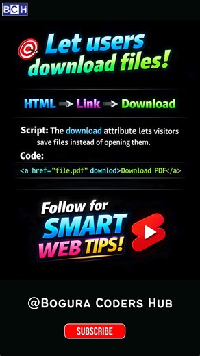 Let Users download files | Stop Opening Files — Make Them Download in HTML! ⚡ | How to Start HTML Want users to download files instead of opening them in the browser? Use the HTML download attribute to turn any link into a download button in seconds. Perfect for beginners learning web development, HTML tricks, and smart UI features. 👉 Follow for daily Smart Web Tips and coding hacks! #boguracodershub #HTML #WebDevelopment #CodingShorts #Frontend #HTMLTips #WebDev #Programmer #Shorts #LearnToCod