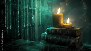 The flickering flames of a candle casting a warm light on a stack of old coding books a source of inspiration and ancient knowledge for the coding rumbles.