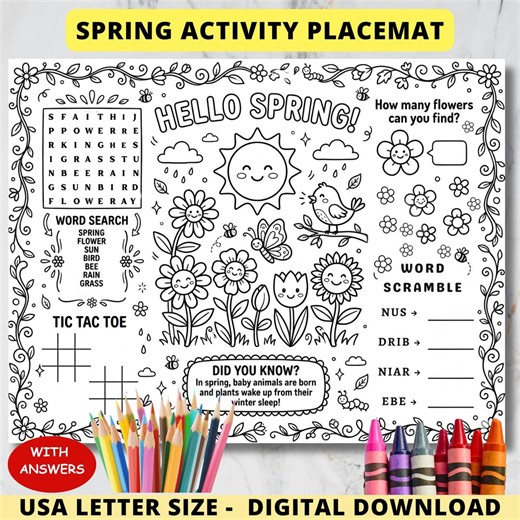 Hello Spring Activity Placemat Craft,first Day of Spring Garden Party,nature Coloring Page,preschool Season Worksheet Homeschool Printable - Etsy