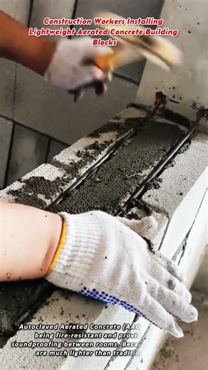 Construction Workers Installing Lightweight Aerated Concrete Building Blocks
