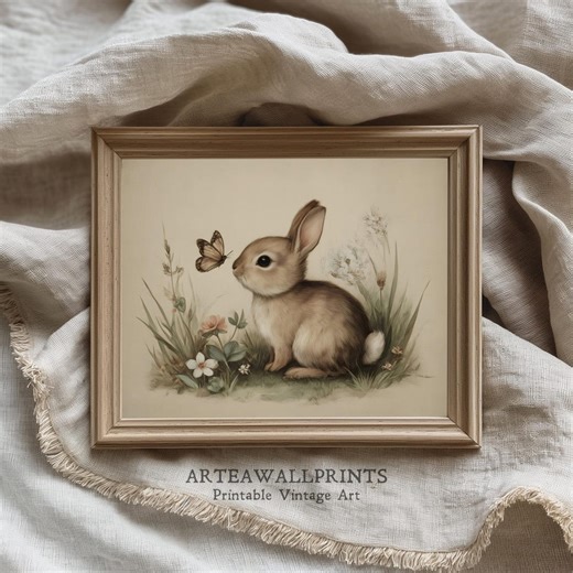 Easter Rabbit Print | Woodland Nursery Decor | Vintage Bunny Art for Spring Wall Decor - Etsy