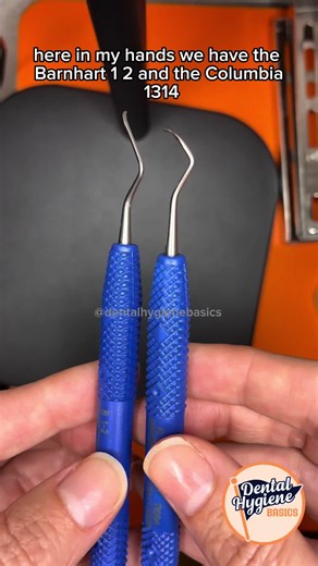 Basic instrumentation review today! When choosing curettes, make sure to choose the right one for the job. The Barnhart 1/2 has an extended shank, meaning the lower shank is 3 mm longer than a standard shank like the Columbia 13/14 has! An extended shank is used for deeper probe depths and deeper calculus! #dentalhygieneschool #dentalhygienestudent #dentalhygienebasics #futurerdh #dentalhygiene